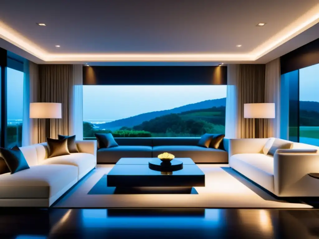 Sala de estar moderna con domótica innovadora Integración domótica prototipos vivienda inteligente: Sala de estar moderna con tecnología inteligente, iluminación controlada por voz y paneles de control futuristas