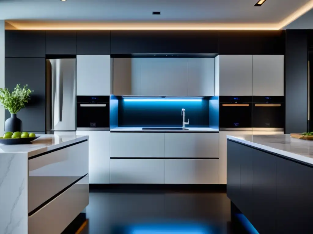 Cocina de lujo con electrodomésticos integrados Integración de electrodomésticos en una cocina inteligente de lujo y diseño moderno con pantalla táctil, cafetera integrada y encimera de mármol