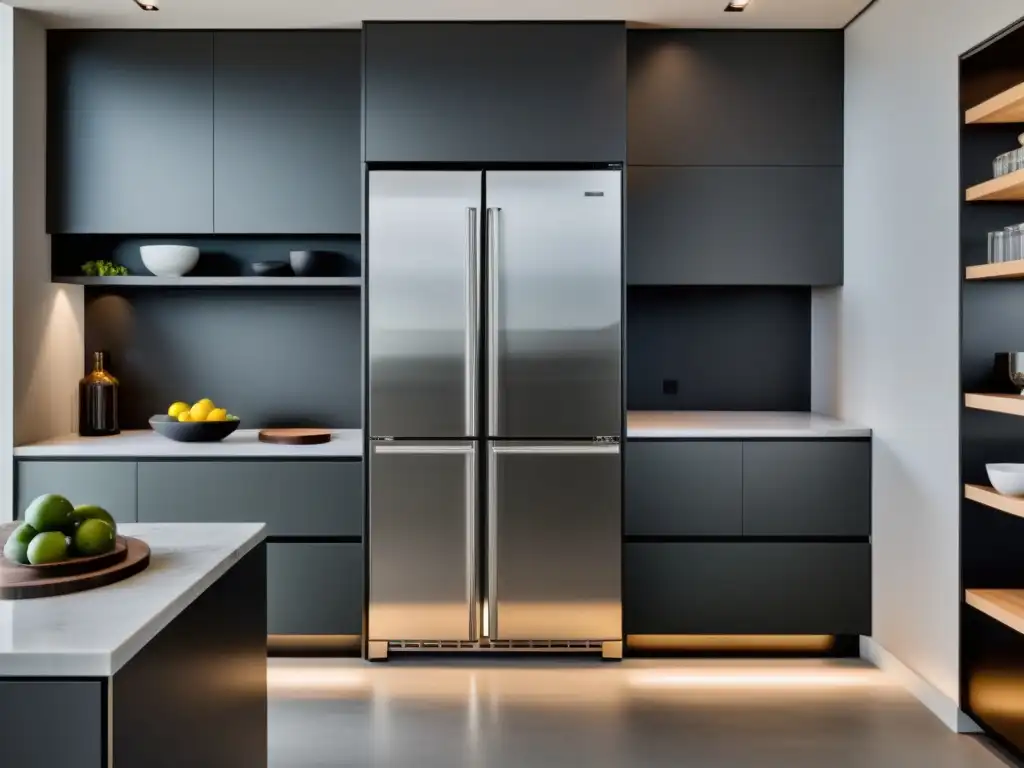 Refrigerador de acero inoxidable integrado en isla minimalista Integración de electrodomésticos en diseño moderno: Refrigerador de acero inoxidable sin manijas en cocina minimalista