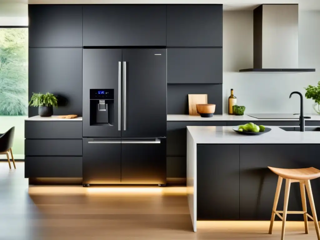 Refrigerador negro mate integrado en isla de cocina minimalista Integración de electrodomésticos en diseño moderno: Refrigerador negro mate en cocina minimalista con pantalla táctil y tiradores minimalistas