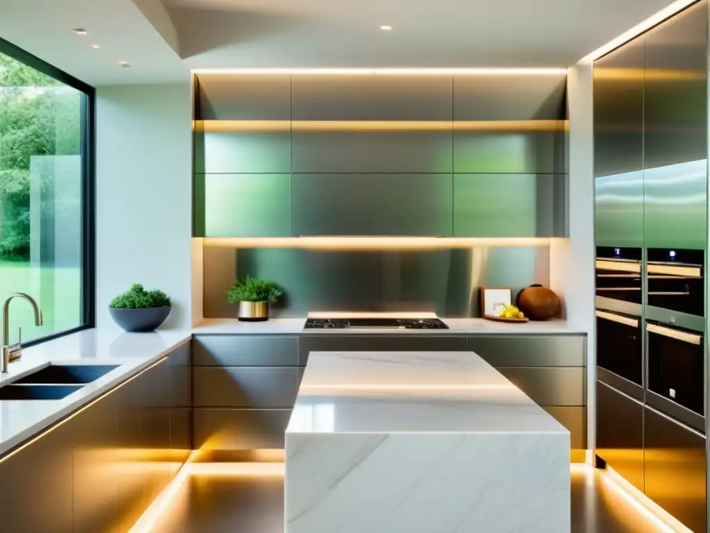 Cocina moderna con electrodomésticos de acero inoxidable Integración de electrodomésticos en el hogar: Cocina moderna con electrodomésticos de acero inoxidable y diseño minimalista