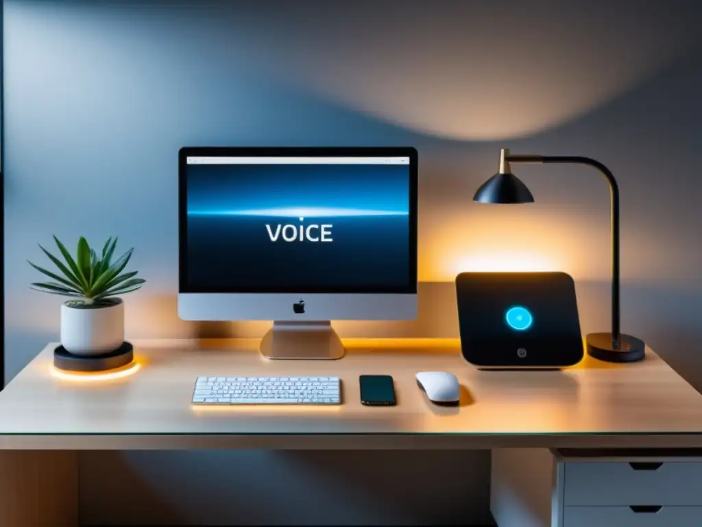 Escritorio moderno con asistente virtual y equipo de alta tecnología Integración de equipos de oficina inteligentes por voz en un escritorio moderno y ordenado, con una atmósfera cálida y sofisticada