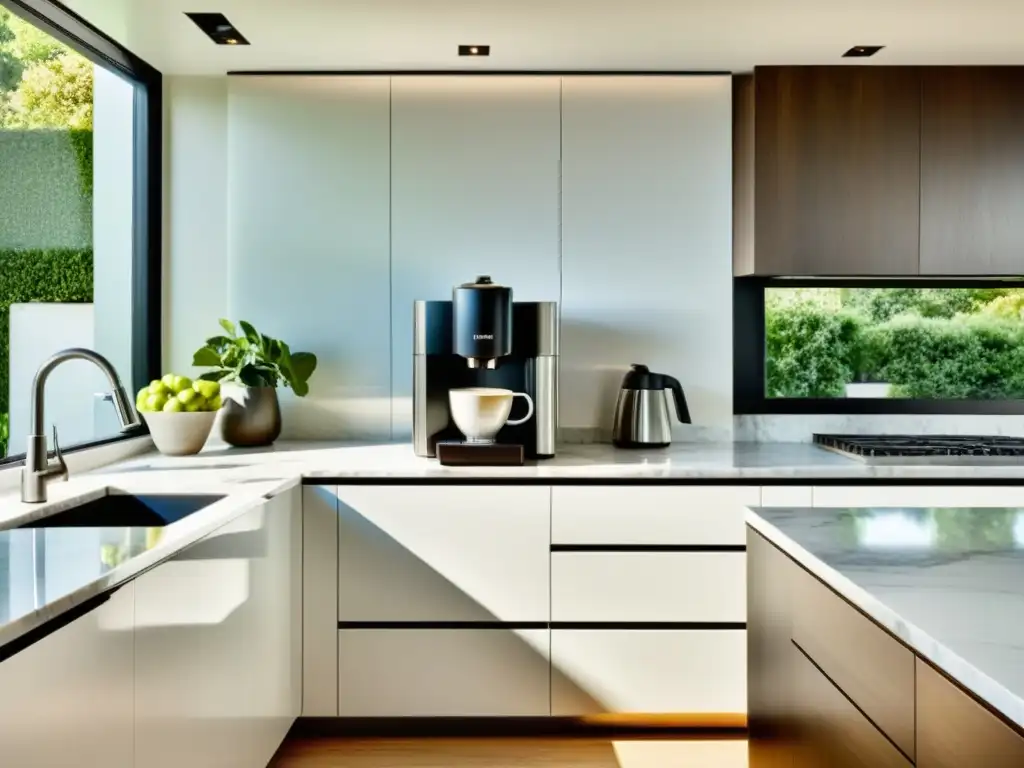 Cocina moderna con electrodomésticos integrados en acero inoxidable Integración de pequeños electrodomésticos en la decoración de cocina moderna con encimeras de mármol y armarios blancos minimalistas