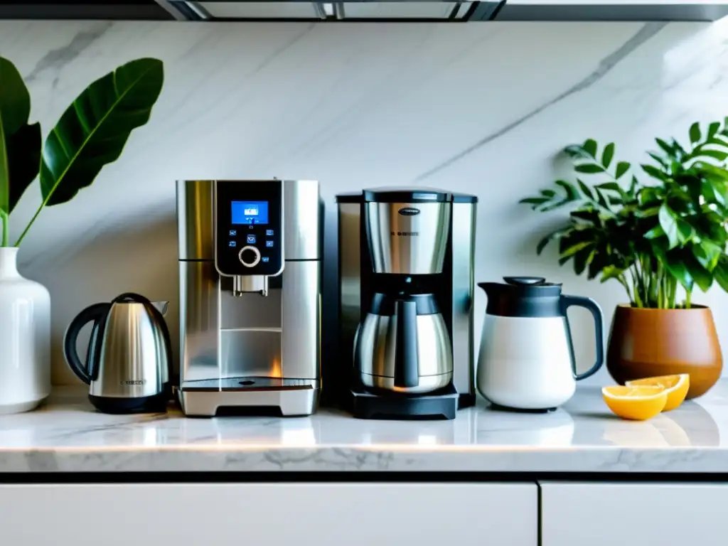 Cocina moderna con electrodomésticos de acero inoxidable y toques verdes Integración de pequeños electrodomésticos en la decoración de cocina: modernidad y sofisticación en un entorno armonioso y elegante