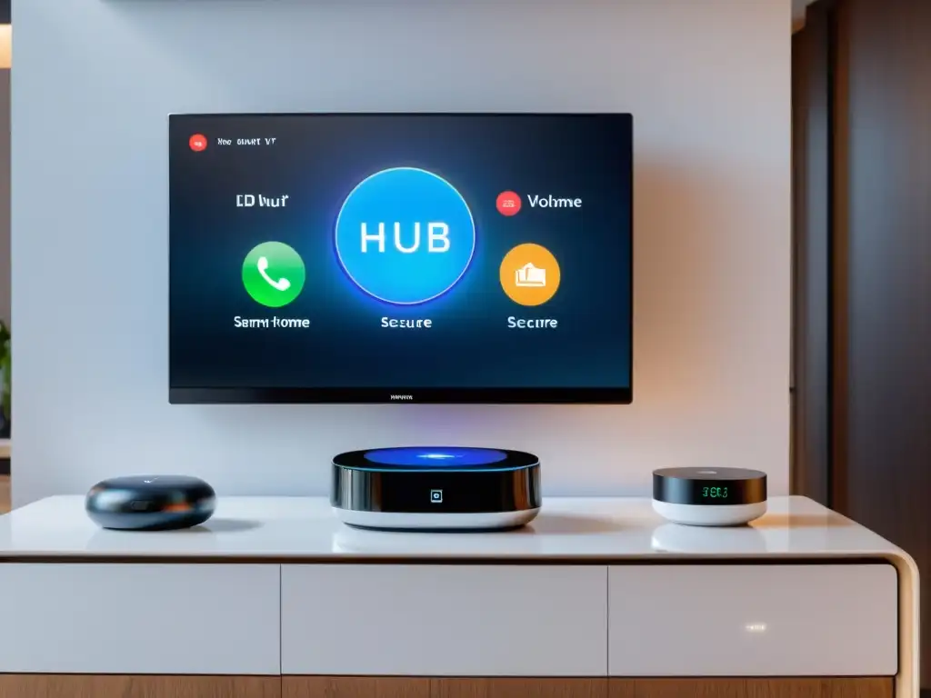Centro de hogar inteligente: red segura y minimalista Integración segura de electrodomésticos inteligentes WiFi en un hogar moderno y elegante, con dispositivos conectados y pantalla LED
