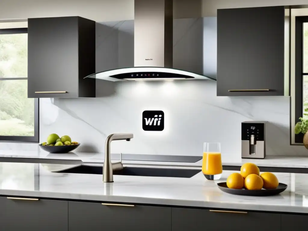 Cocina moderna: electrodomésticos inteligentes de acero inoxidable conectados a WiFi seguro en elegante entorno Integración segura de electrodomésticos inteligentes WiFi en elegante cocina moderna con luz natural