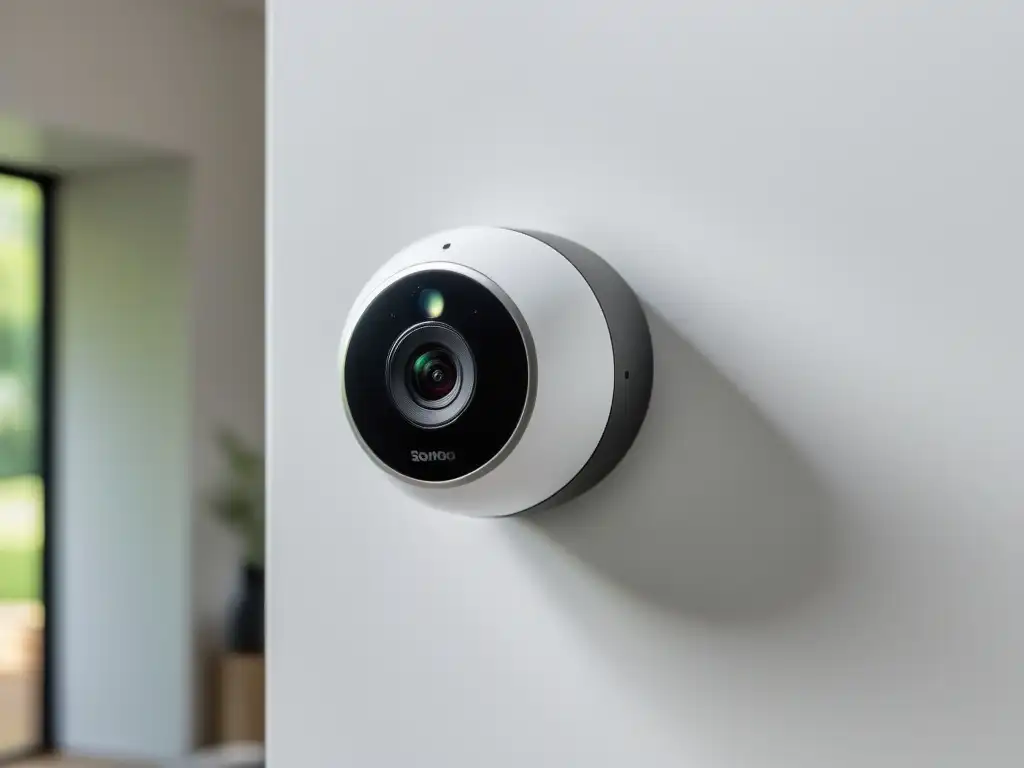 Cámara inteligente en casa capturando ambiente moderno y seguro