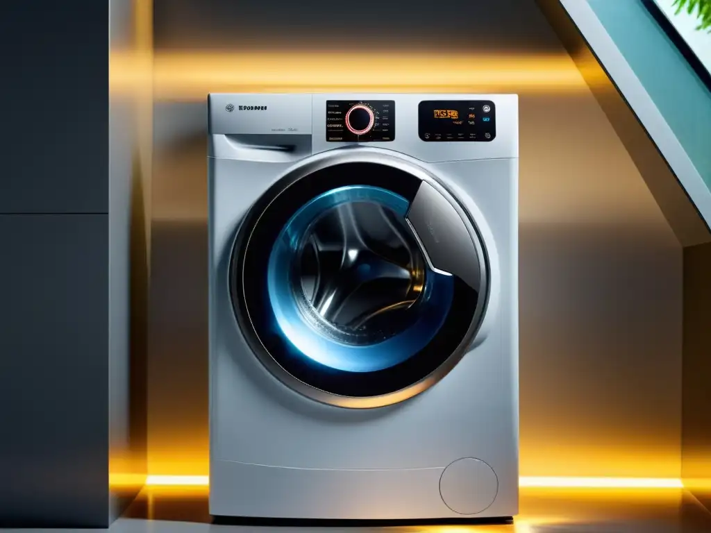 Lavadora inteligente de diseño futurista en acción Un lavarropas inteligente de diseño futurista en funcionamiento, con gotas de agua en la puerta de vidrio