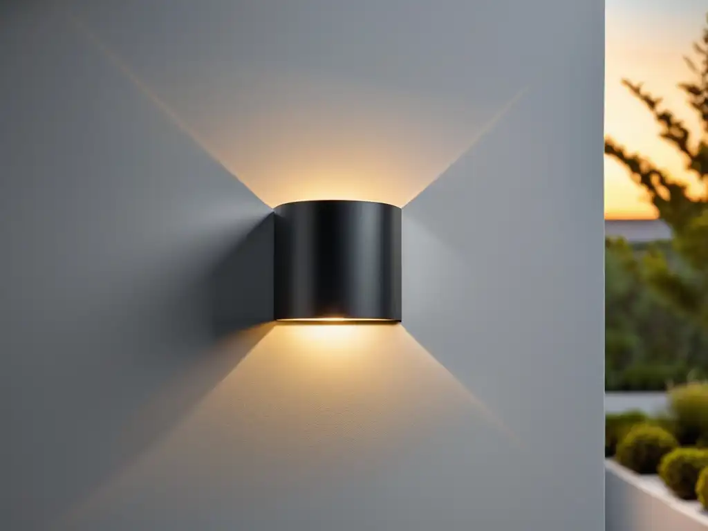 Luz de seguridad exterior moderna: minimalista y sofisticada 'Iluminación inteligente como disuasivo de seguridad: moderna lámpara exterior emite cálida luz, destaca arquitectura y proyecta sombras intrincadas
