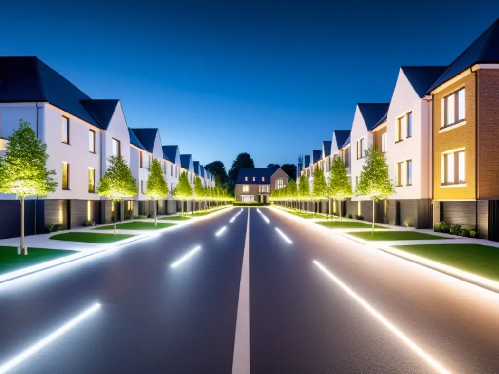 Imagen nocturna de calle residencial moderna con iluminación inteligente Iluminación inteligente como disuasivo de seguridad: Modernas casas iluminadas con sistemas inteligentes en una calle residencial nocturna
