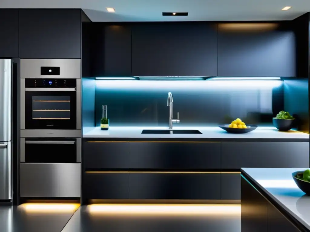 Cocina inteligente: gestión sin esfuerzo de electrodomésticos avanzados Interfaz amigable para la gestión de electrodomésticos inteligentes con smartphones y tablets en una cocina moderna y sofisticada