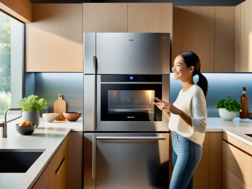 Cocina futurista: control gestual y asistente de voz Interfaz por gestos y voz para electrodomésticos en una cocina moderna con estética minimalista y toque futurista, bañada en luz natural