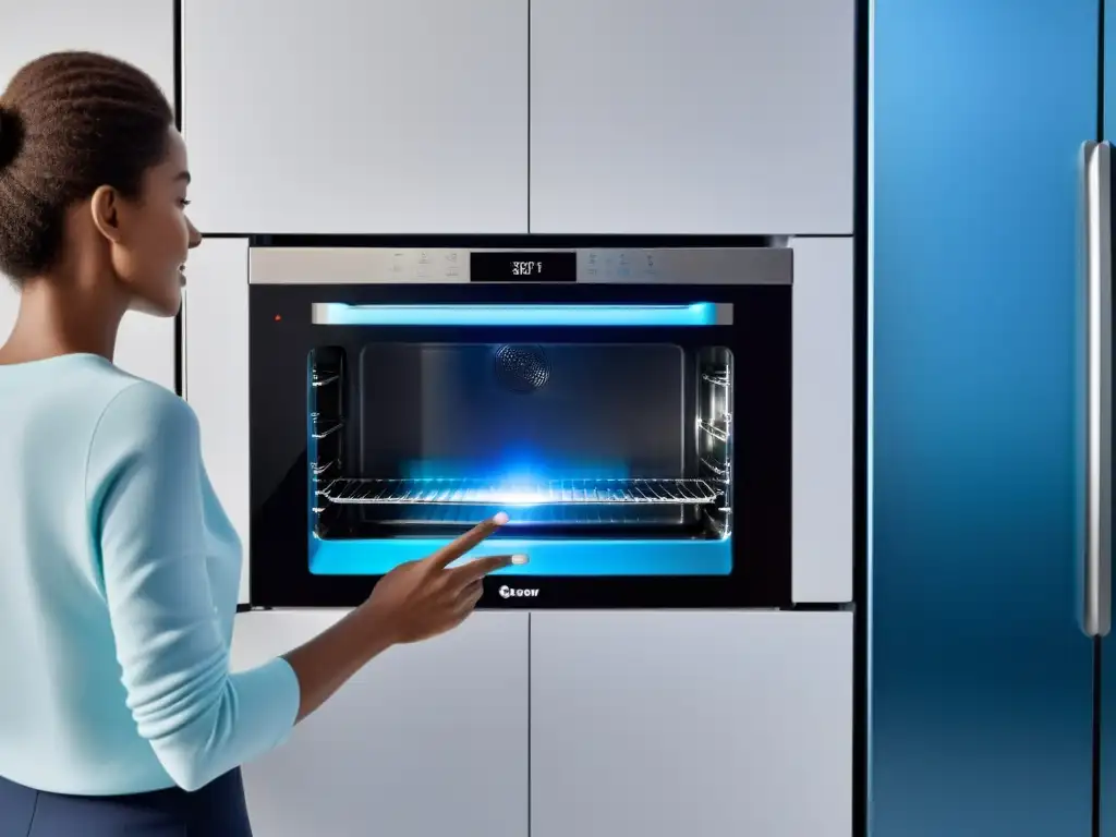 Cocina futurista: control táctil y voz para electrodomésticos inteligentes Interfaz por gestos y voz para electrodomésticos en una cocina moderna con estilo futurista y elegante