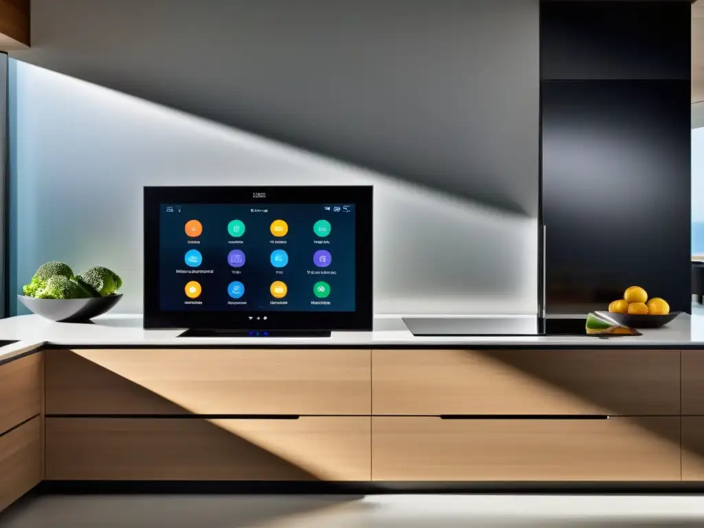Cocina moderna con panel de control intuitivo y conectado Interfaz de evaluación crítica software paneles control en cocina moderna, con diseño minimalista y usuario interactuando con precisión