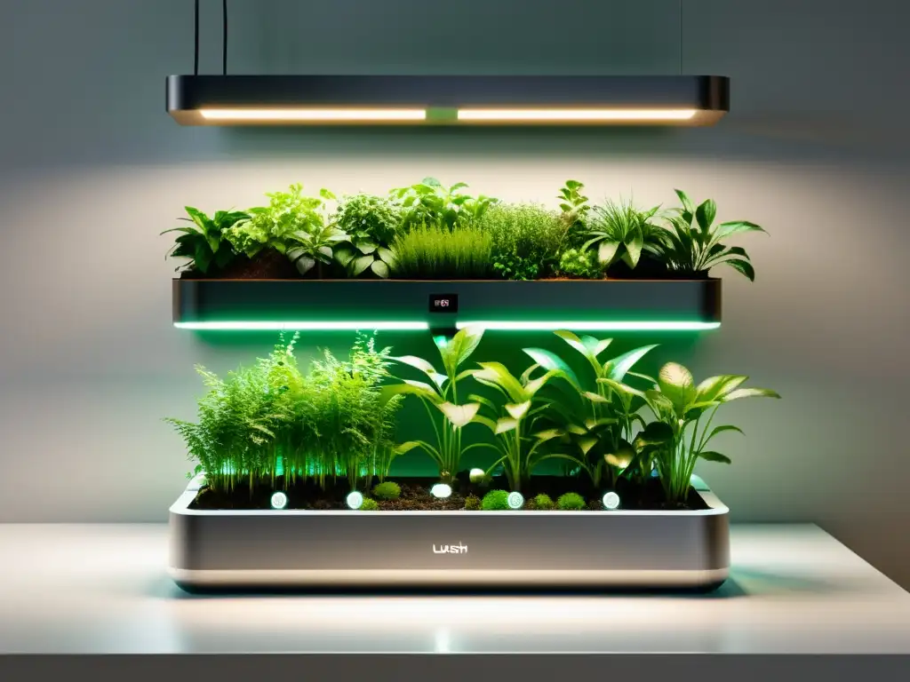 Jardín interior automatizado con tecnología para cuidar plantas automáticamente, iluminado por LED cálido y con un diseño moderno y sofisticado
