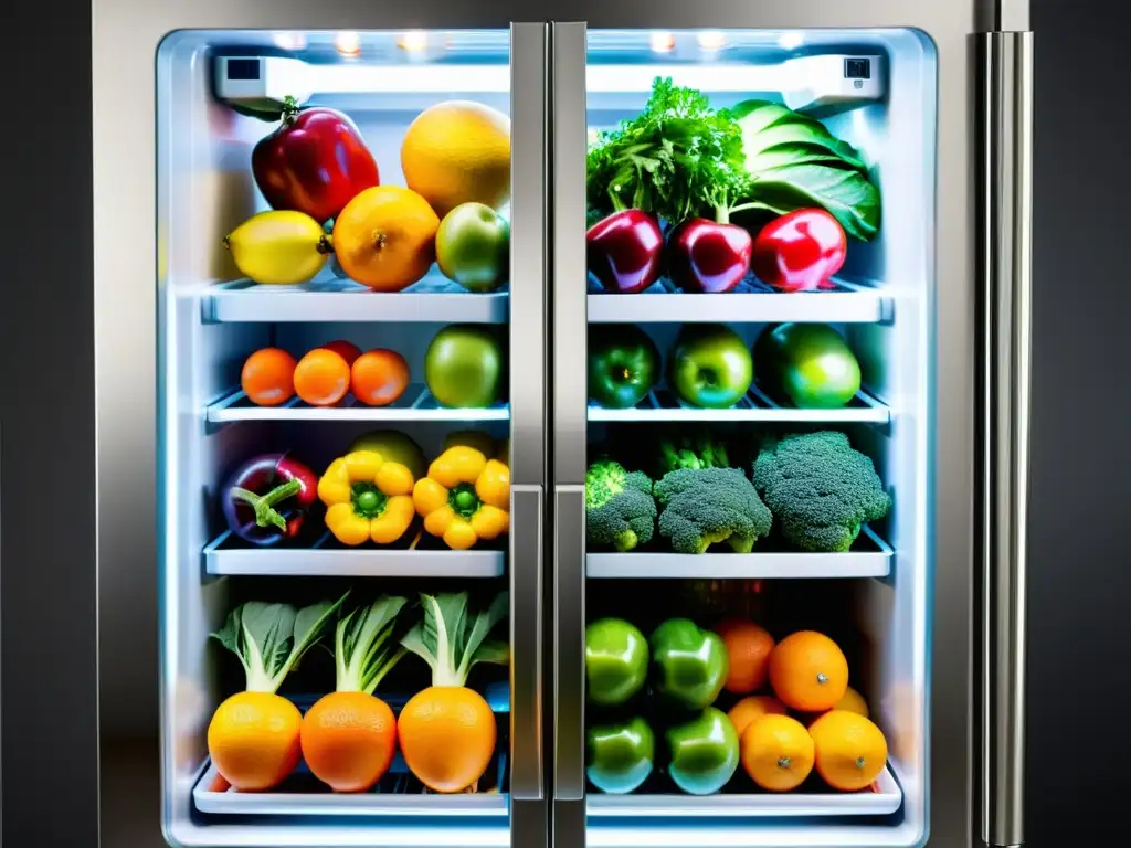 Refrigerador moderno con compartimentos especializados para frutas y verduras Interior de refrigerador moderno con compartimientos especiales para frutas y verduras