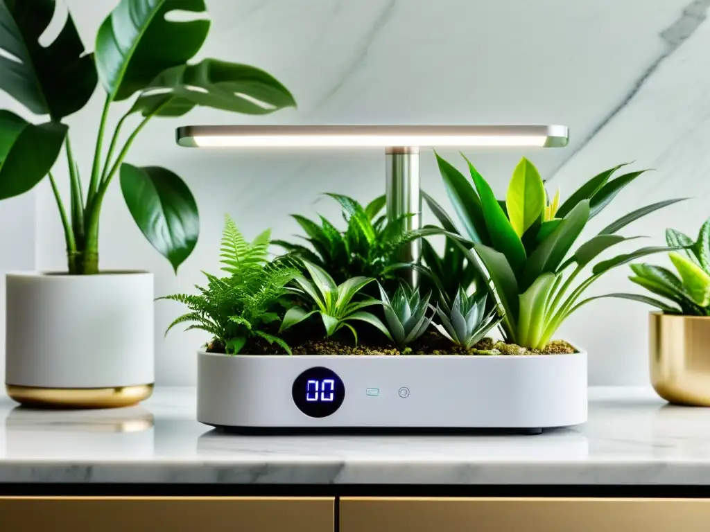 Ionizador moderno en encimera de mármol blanco con plantas verdes Un ionizador moderno y elegante en un entorno de plantas verdes exuberantes