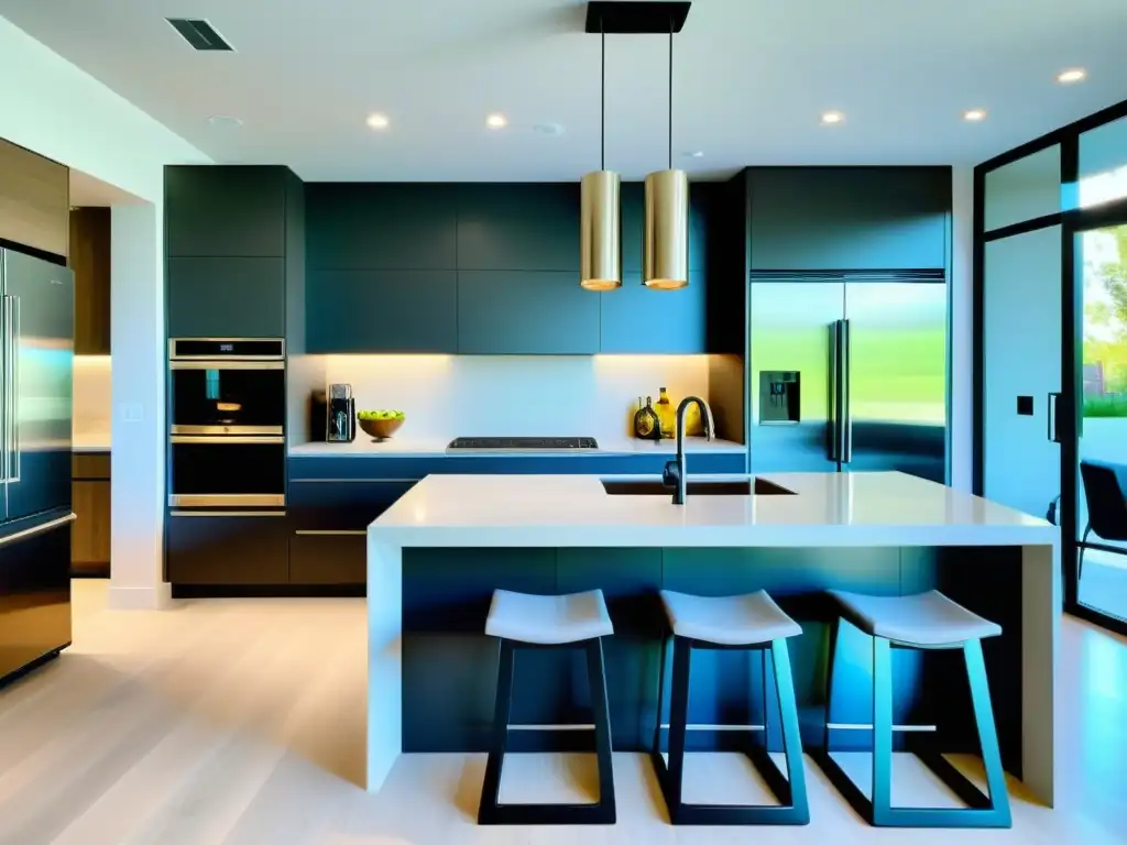 Una isla de cocina moderna con electrodomésticos para vida social, iluminación natural y toques de verdor