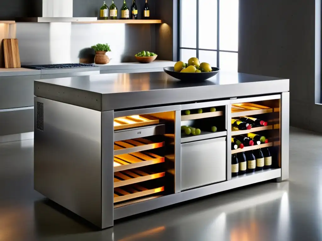 Isla de cocina de acero inoxidable reciclado con encimera de concreto pulido Isla de cocina moderna hecha con transformación de electrodomésticos en muebles funcionales, con concreto pulido y luces LED integradas