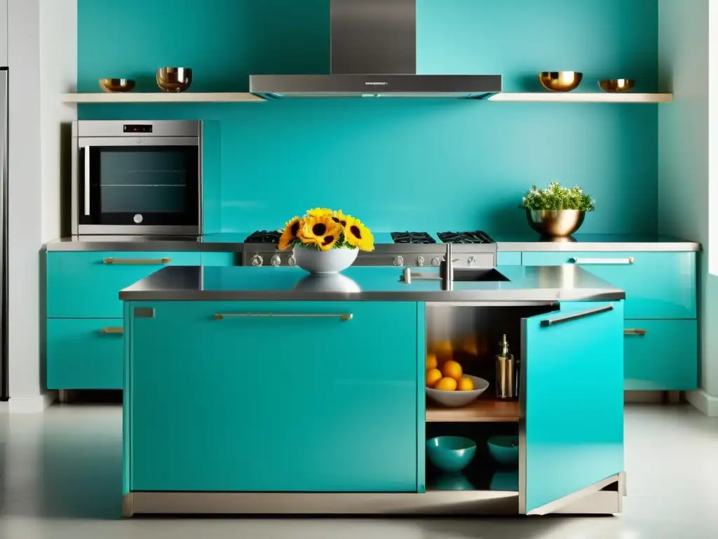 Isla de cocina retro con puertas de refrigerador turquesa Isla de cocina moderna con puertas de refrigerador vintage transformadas en muebles funcionales, iluminada por luces colgantes