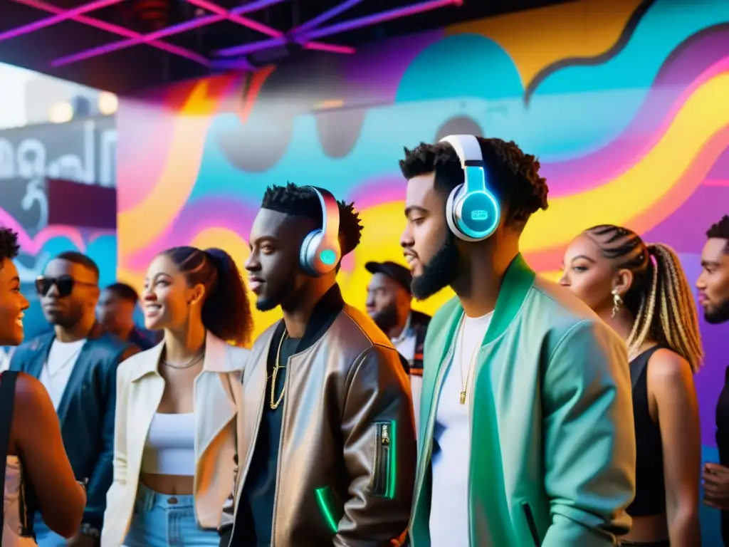 Jóvenes diversos conversan y bailan en un ambiente urbano con grafitis coloridos y luces neón, mientras un DJ mezcla música