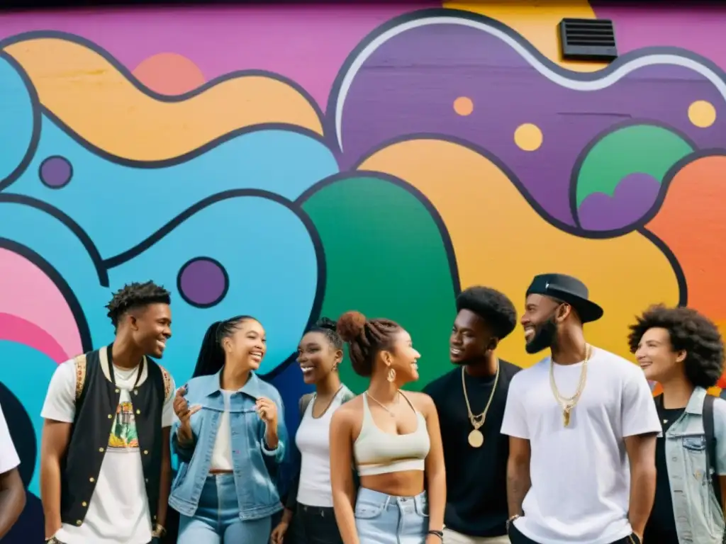 Jóvenes en vibrante entorno urbano, rodeados de grafitis, charlando animadamente mientras un potente equipo de sonido llena el aire con música, capturando la energía y espíritu comunitario de la cultura juvenil