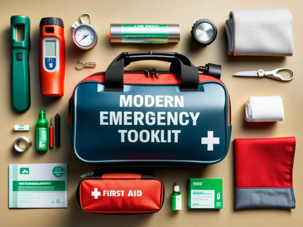 Kit de emergencia moderno para el hogar: preparación y seguridad Kit de emergencia con herramientas para hogar, organizado y listo para brindar seguridad en momentos críticos