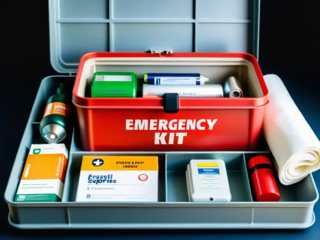 Kit de emergencia organizado para el hogar: preparación y seguridad Kit de emergencia para el hogar: herramientas esenciales organizadas en un contenedor accesible, listas para cualquier imprevisto