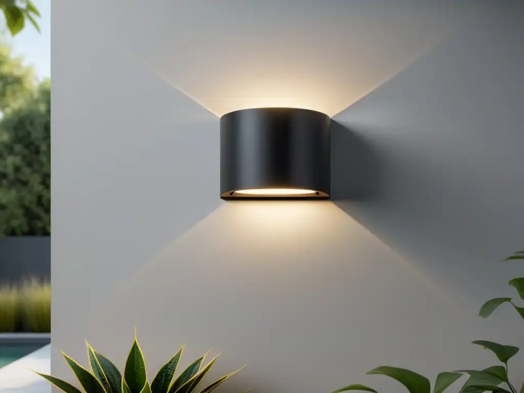 Lámpara de seguridad exterior: luz cálida y elegante Una lámpara de seguridad exterior moderna y elegante emite una cálida luz ambiental, creando un halo sutil