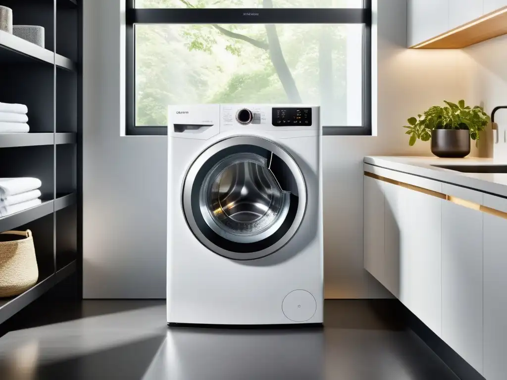 Lavadora inteligente de diseño futurista en lavandería minimalista Una lavadora inteligente de diseño elegante y futurista en un espacio minimalista con pantalla táctil de alta definición
