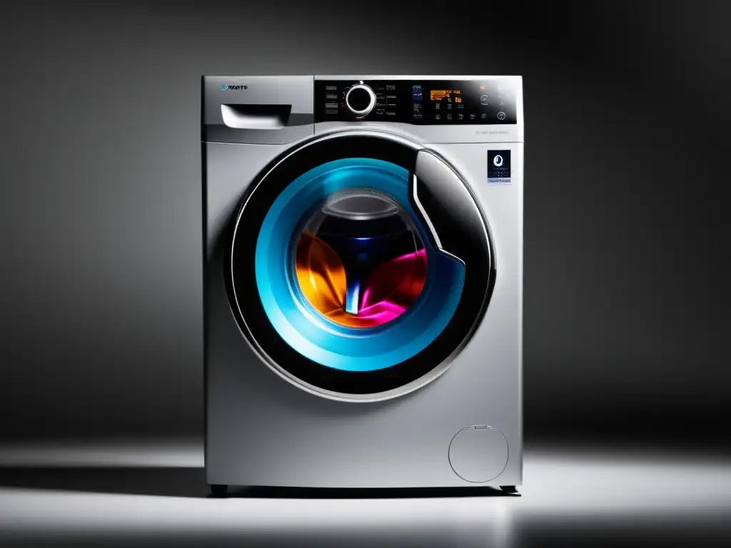 Lavadora inteligente de diseño futurista y eficiente Una lavadora inteligente moderna y eficiente con puerta transparente, tambor de acero inoxidable y panel de control avanzado