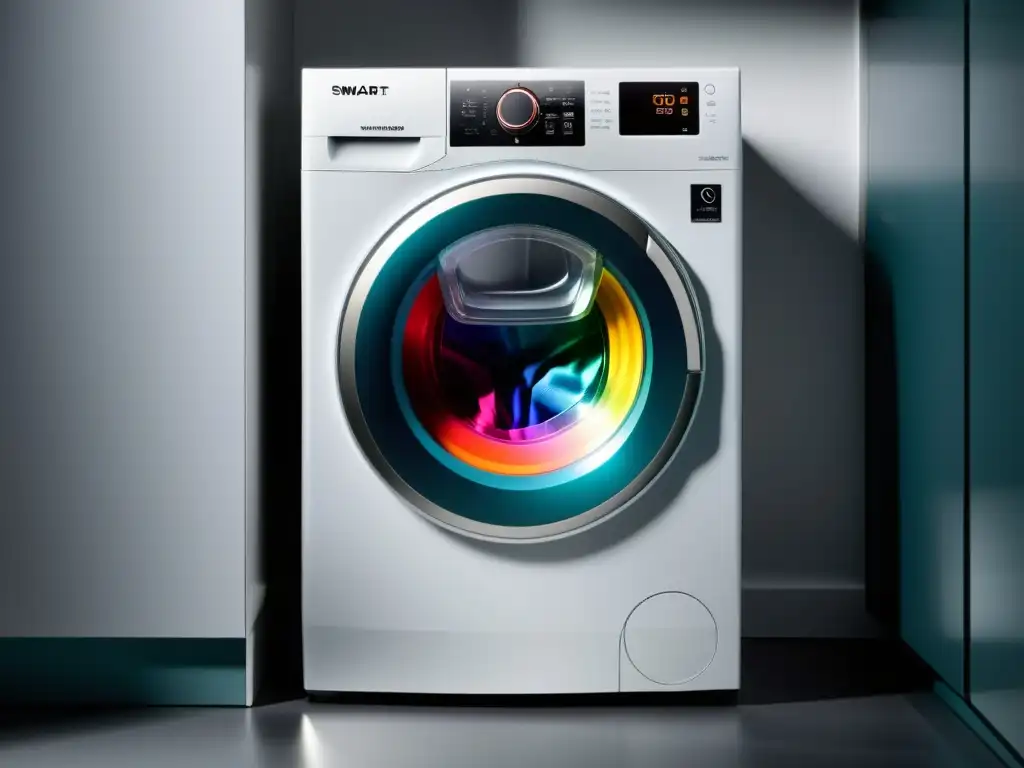 Lavadora inteligente de alta tecnología con ropa colorida Una lavadora inteligente moderna y elegante con una puerta transparente, desplegando prendas coloridas y ordenadas en su interior