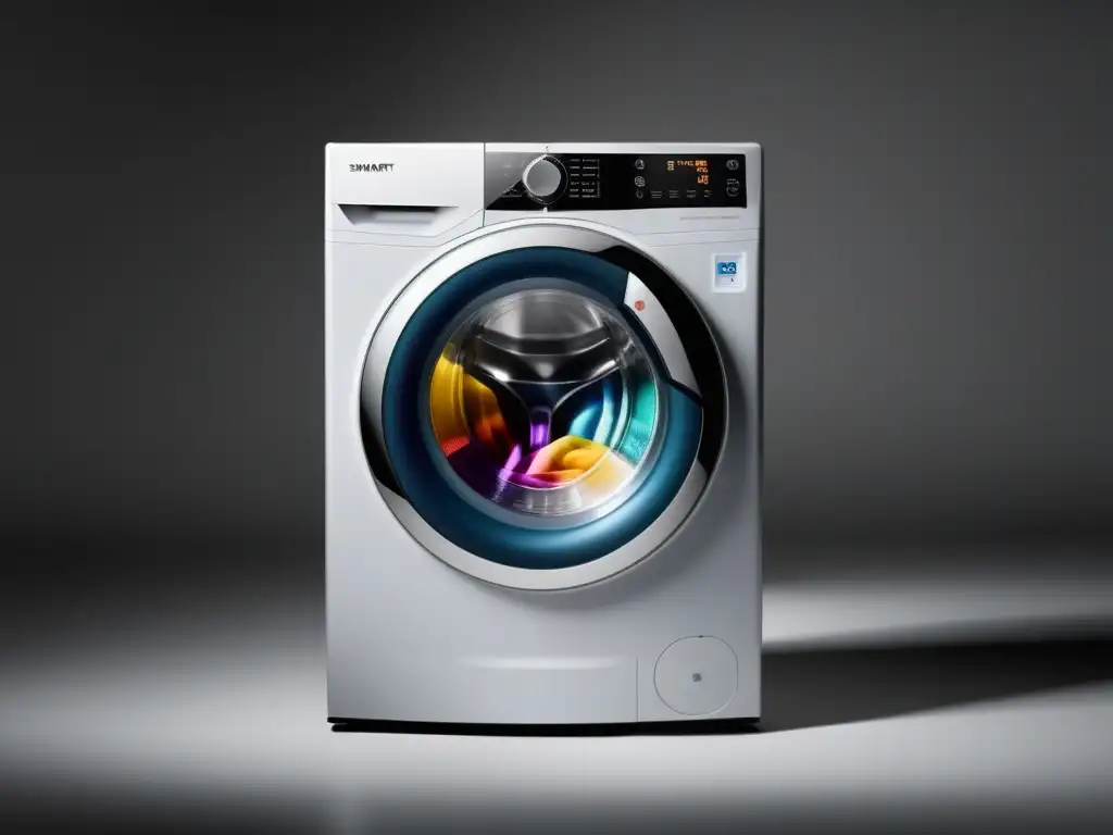 Lavadora inteligente de diseño moderno con pantalla LED Una lavadora inteligente moderna con pantalla LED mostrando ciclos de lavado y ajustes