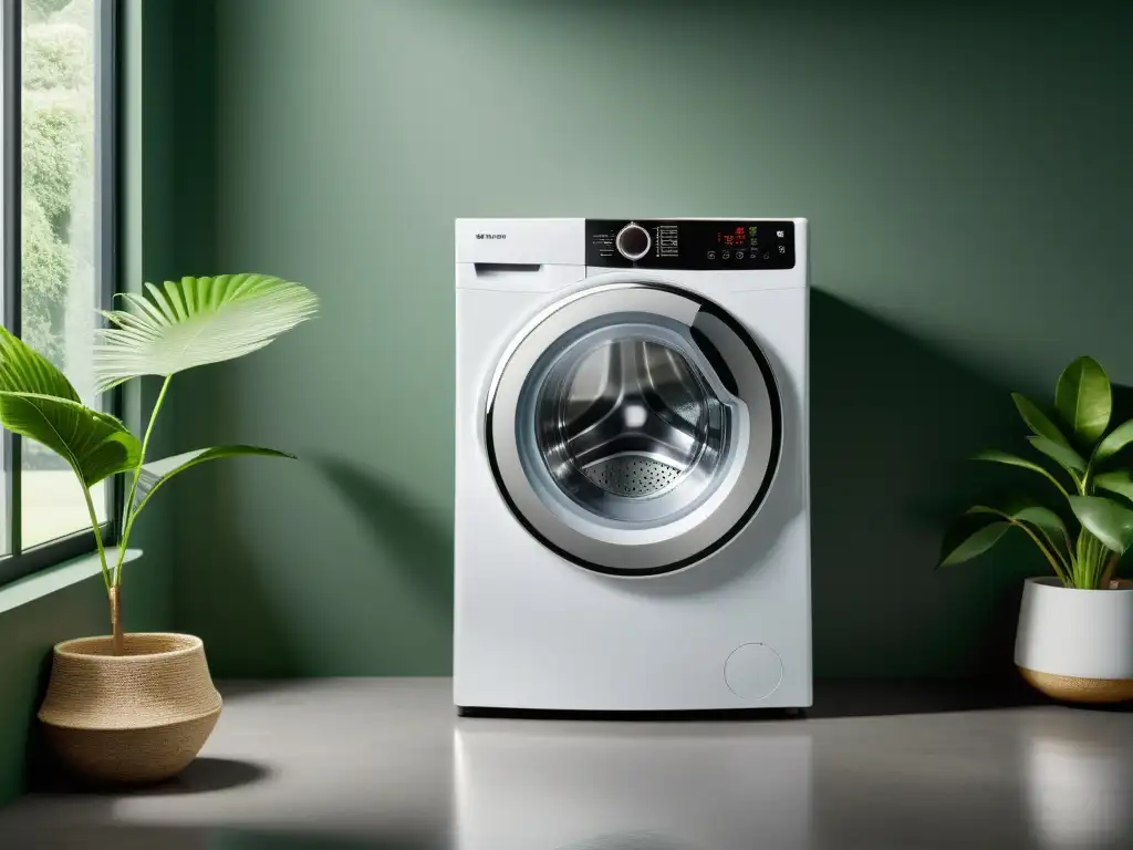 Lavadora inteligente de diseño futurista en ambiente sofisticado Una lavadora inteligente con pantalla táctil, diseño futurista y opciones de lavado