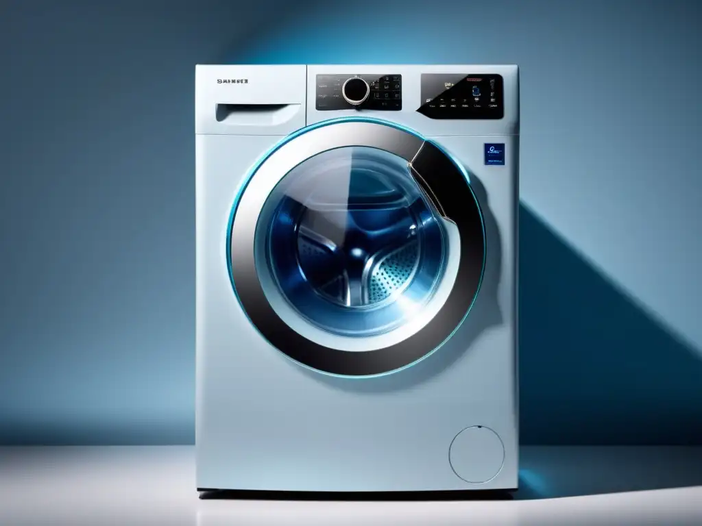 Lavadora de alta tecnología con puerta transparente Una lavadora moderna con tecnología inverter para electrodomésticos, iluminada con un aspecto futurista y de alta tecnología