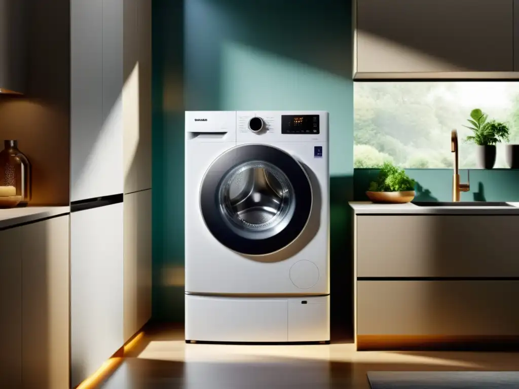 Lavadora moderna con tecnología Inverter: eficiencia energética Tecnología Inverter en lavadora moderna, iluminada en ambiente acogedor de cocina contemporánea