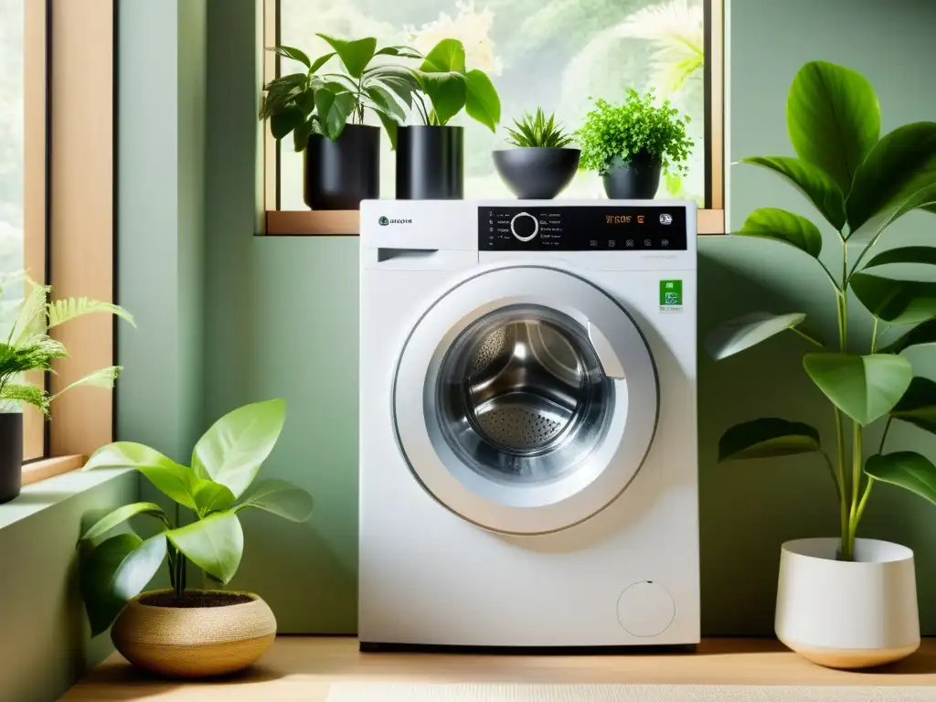Lavadora moderna: ecofriendly y elegante Una lavadora moderna con pantalla digital y programas ecológicos, rodeada de plantas verdes y bañada por luz natural