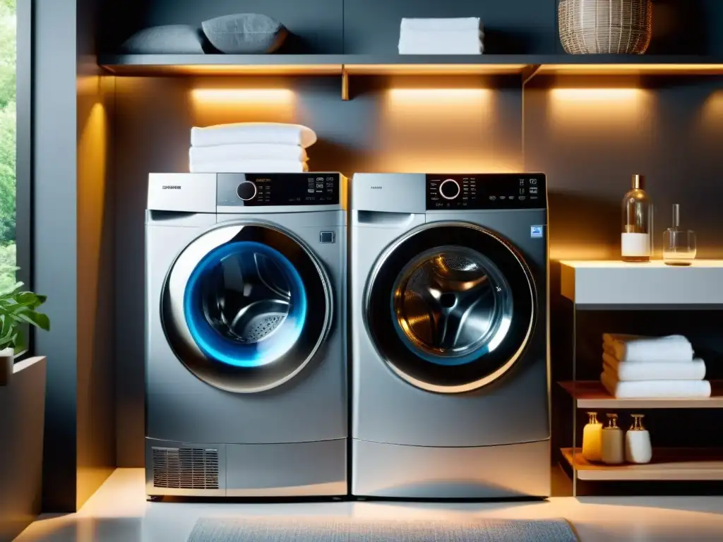 Lavadoras y secadoras premium tecnología hogar: Moderno set en acción, con agua y vapor, en elegante lavandería minimalista