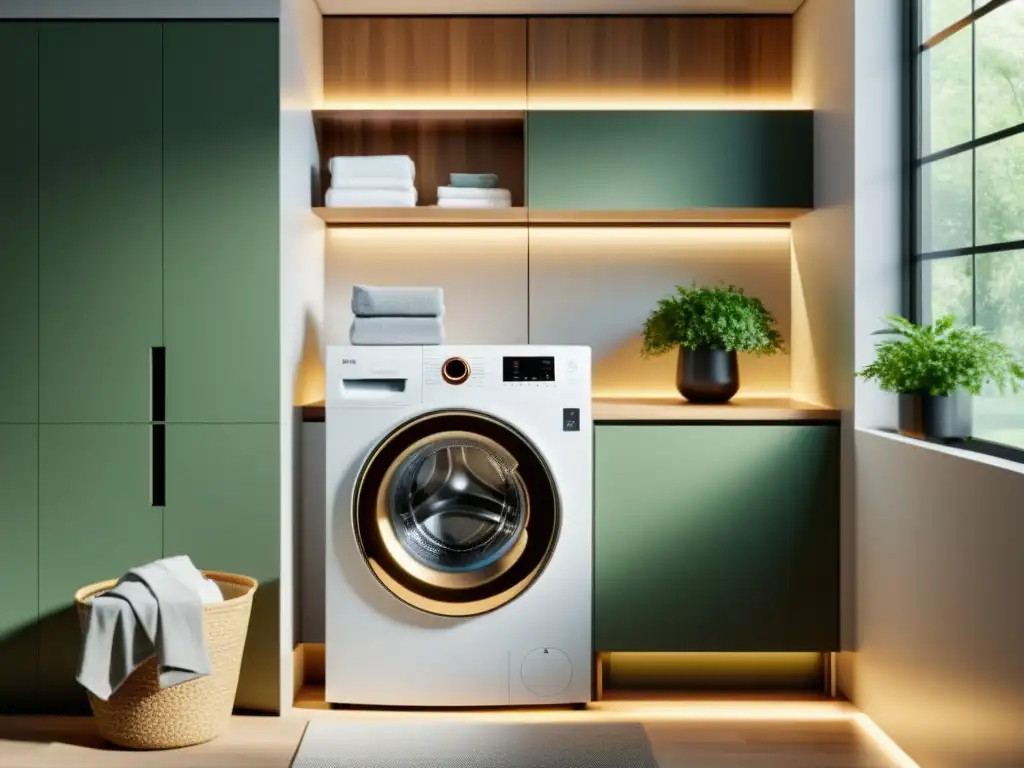 Lavadora automática de alta tecnología en ambiente minimalista Un lavarropas automático de diseño moderno en un elegante y minimalista cuarto de lavado
