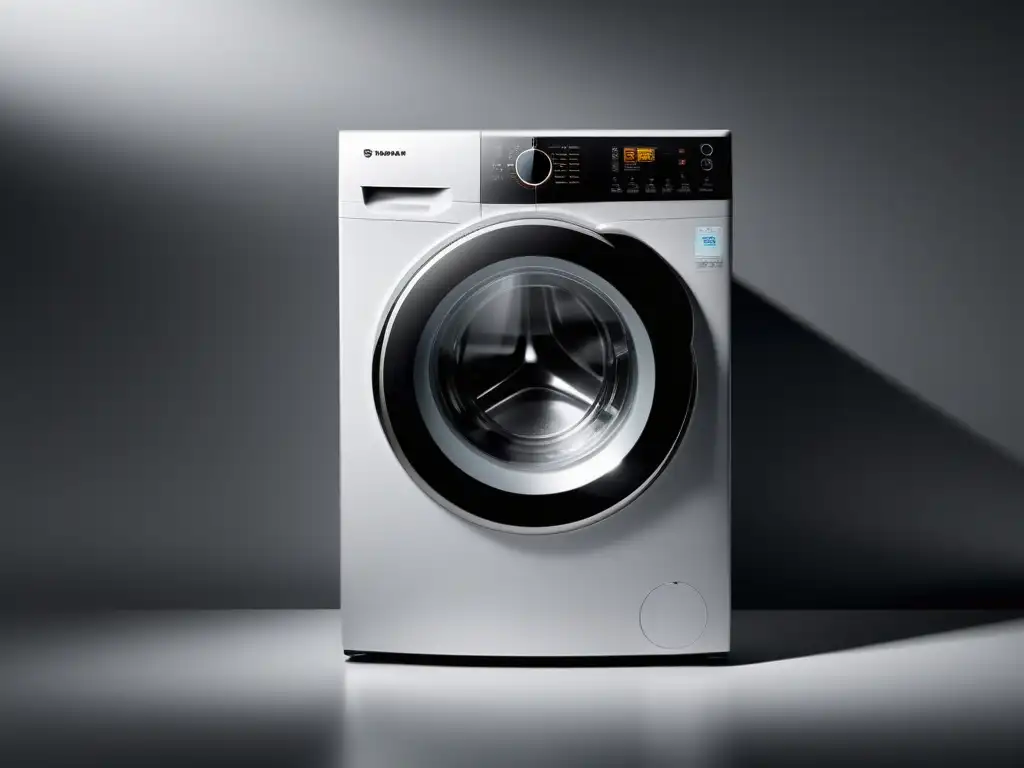 Lavadora automática futurista con puerta transparente Un lavarropas automático de diseño moderno y futurista, resalta la tecnología avanzada en un entorno minimalista con iluminación suave