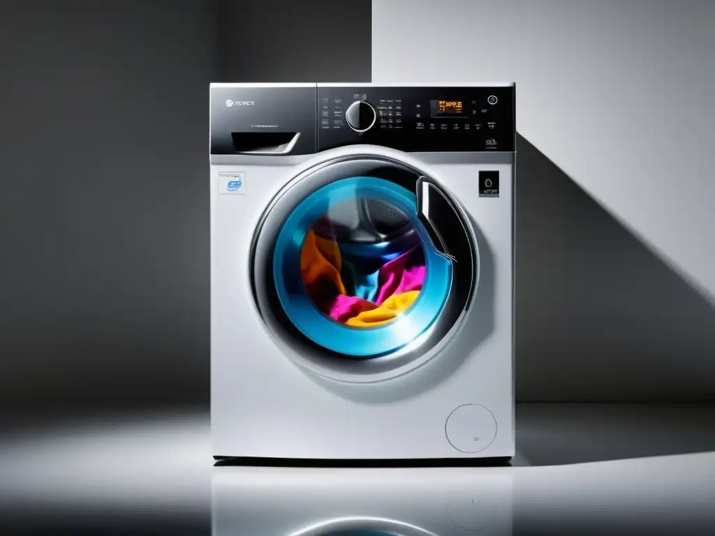 Lavadora automática moderna en acción Un lavarropas automático moderno y elegante con tecnología avanzada, lavando prendas coloridas en un ambiente luminoso y sofisticado
