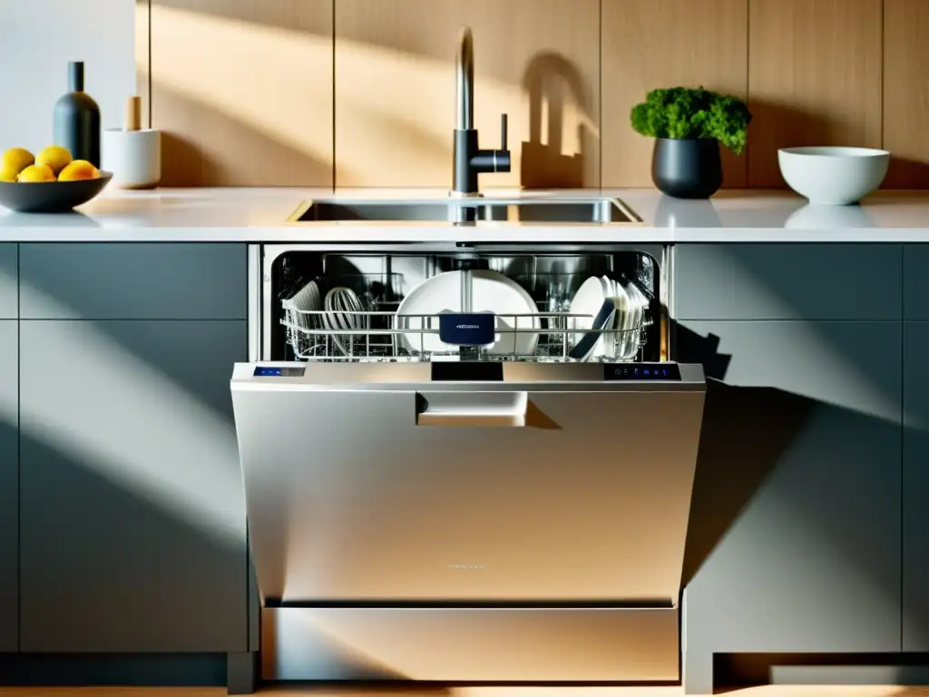 Un lavavajillas ecoeficiente en una cocina moderna y espaciosa, con platos relucientes y estadísticas de ahorro de energía en la pantalla