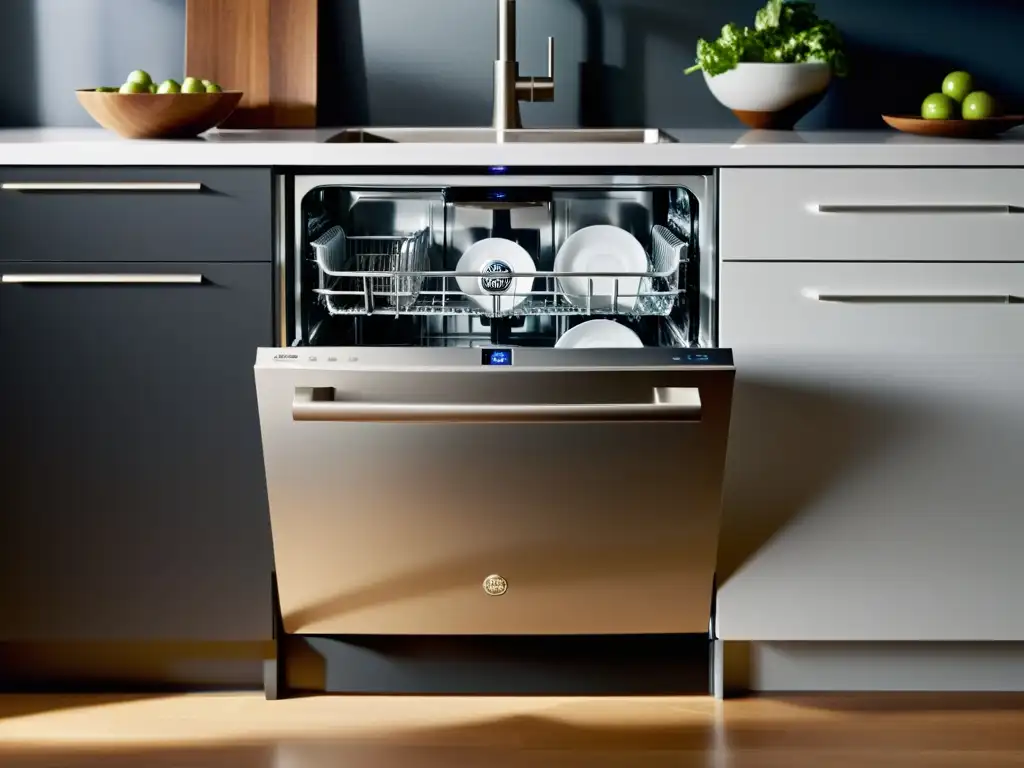 Lavavajillas GE Profile: Elegancia y eficiencia en tu cocina Un lavavajillas GE Profile en una cocina impecable, con elegante diseño y racks ajustables