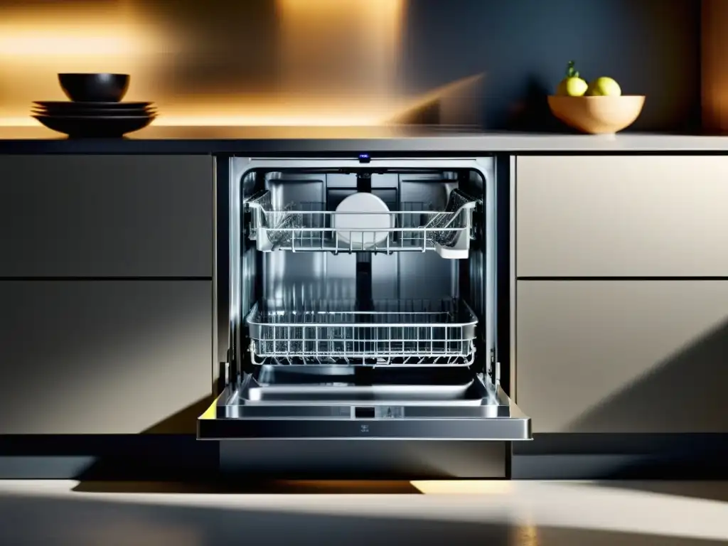 Un lavavajillas moderno y elegante con un diseño ecoeficiente, mostrando un interior reluciente
