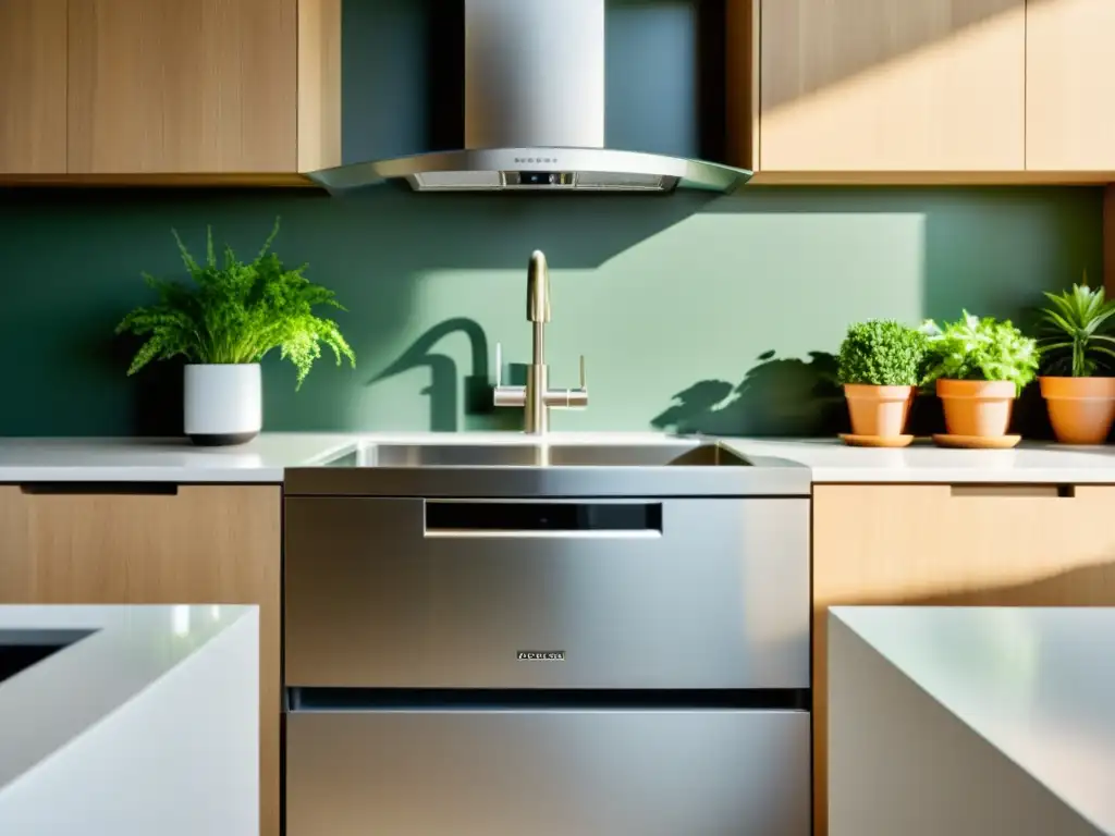 Un lavavajillas moderno integrado en la cocina, con chorro de agua sobre platos limpios