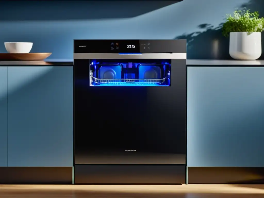 Un lavavajillas moderno con panel táctil iluminado en una cocina contemporánea