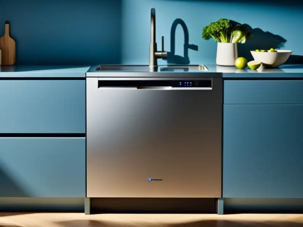 Un lavavajillas moderno con panel táctil, acero inoxidable brillante y luces suaves