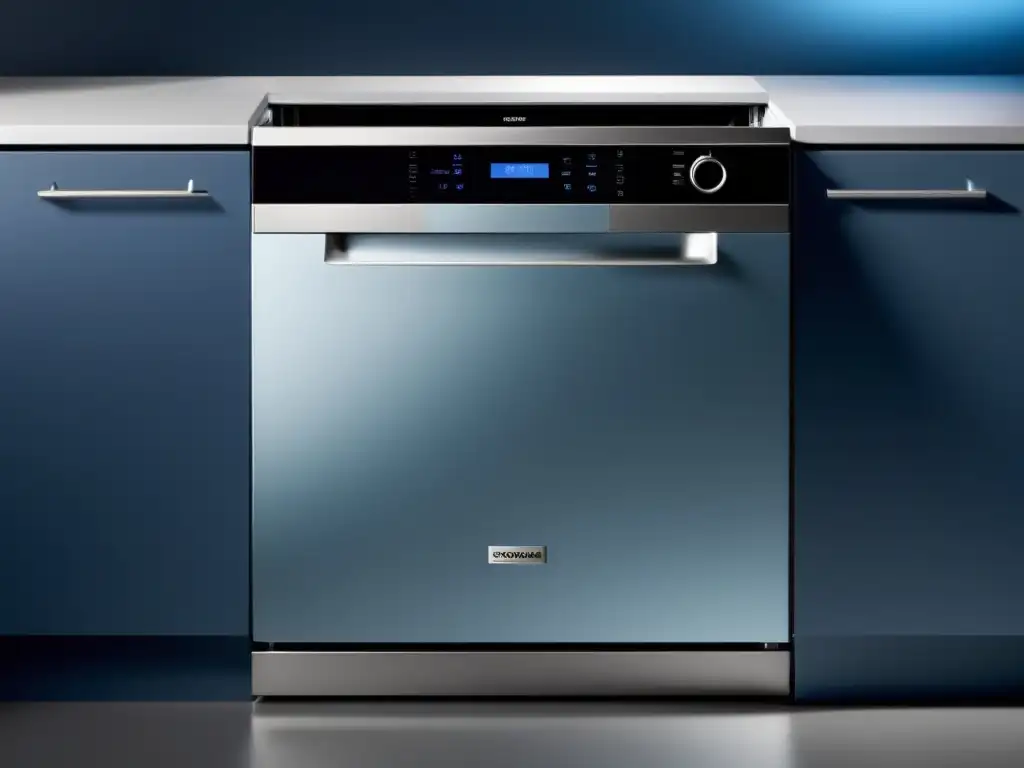 Un lavavajillas moderno con paneles táctiles iluminados en azul, elegante y futurista