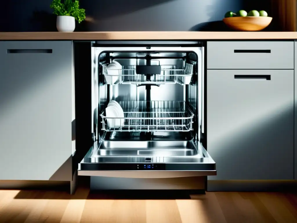 Lavavajillas de última tecnología para cocinas modernas Un lavavajillas silencioso y ecoeficiente con diseño moderno y tecnología avanzada, iluminación LED y un interior organizado y luminoso