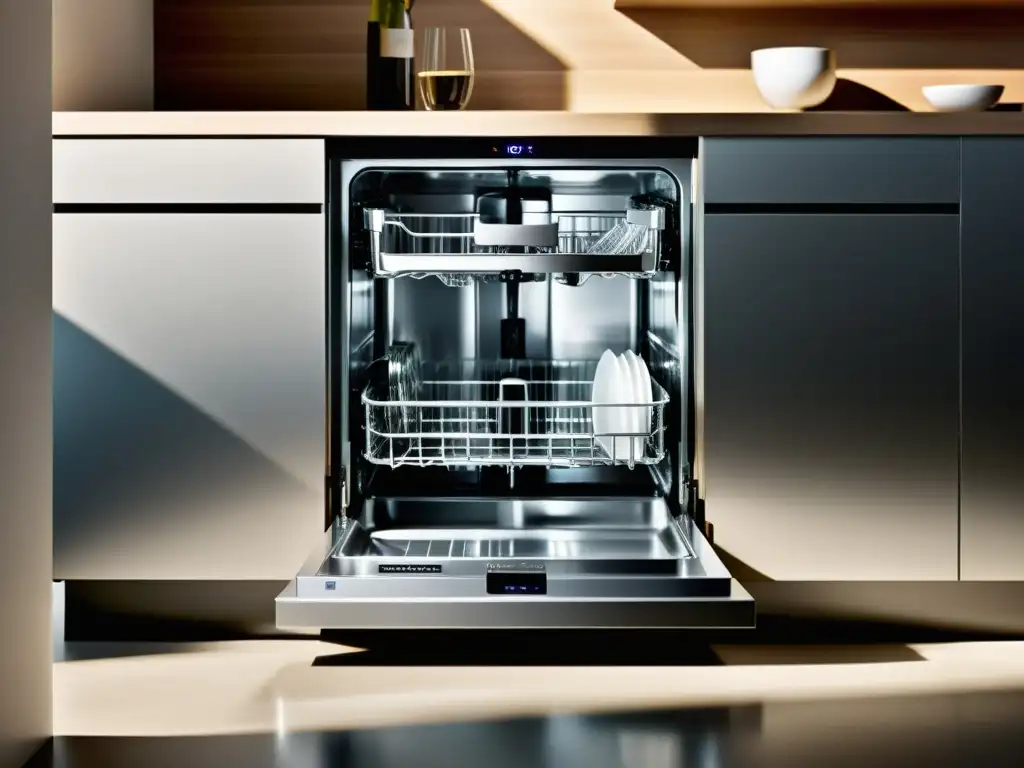 Lavavajillas moderno: eficiente y ecofriendly Un lavavajillas silencioso y ecoeficiente, con platos relucientes y una estética moderna en una cocina minimalista bañada por luz natural